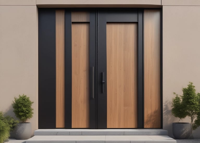 a modern front door with a wooden door and a planter