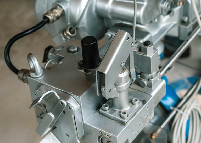 Close-up of a high-pressure industrial sprayer machine with metal valves and silver hardware components.