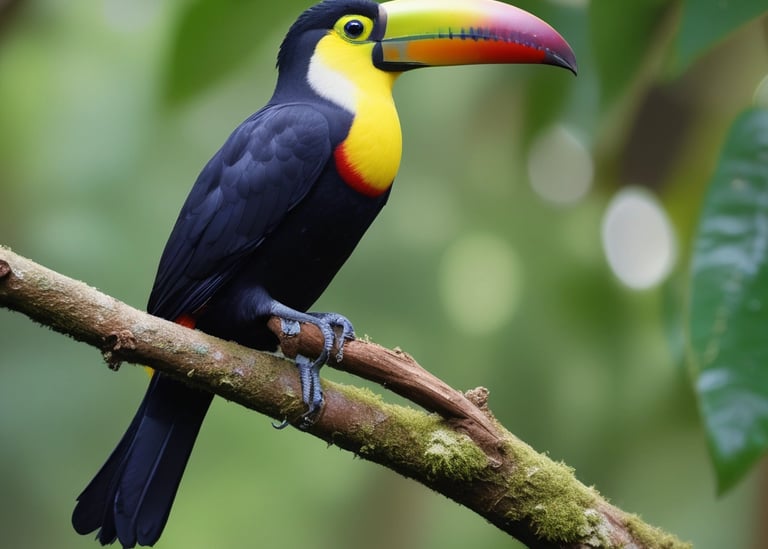A vibrant toucan perched on a branch against a backdrop of lush greenery.