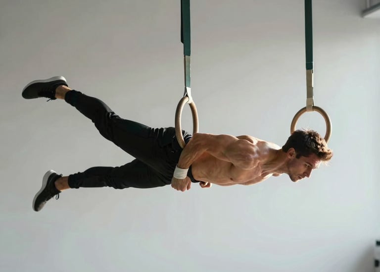 Dynamic side-lit shot of an athlete suspended on rings, high-contrast natural light highlighting muscle definition and joint alignment, clean minimalist studio background.