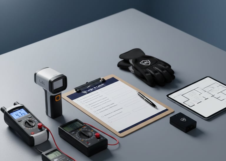 Technical workspace for Logic & Latch featuring smart home hubs and Master Certified patches