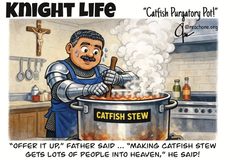Cartoon of Hispanic man dressed like an ancient knight stirring a catfish stew pot