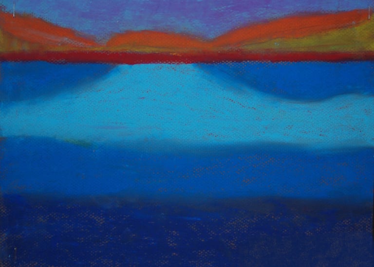 oil pastel drawing of a lake at night