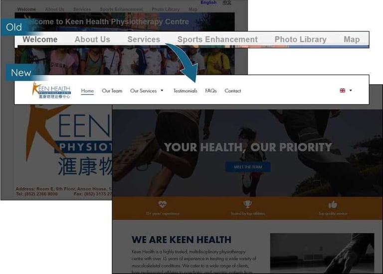 Screenshots of the navigation bars on the old and new Keen Health websites