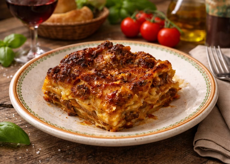 A square serving of cheesy homemade beef lasagna on a plate with red wine and fresh tomatoes.
