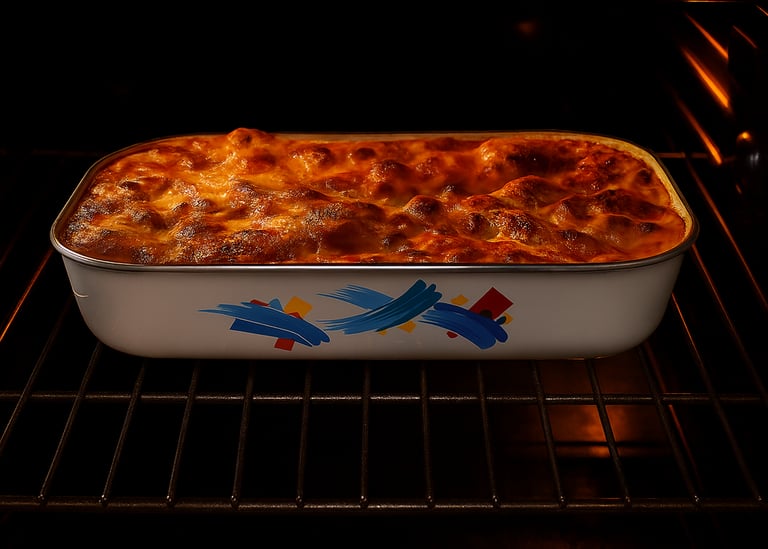 Golden brown cheesy lasagna baking in a ceramic casserole dish inside a kitchen oven.