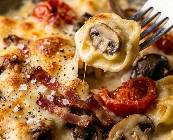 Baked cheese tortellini with mushrooms, crispy bacon, and roasted tomatoes in a creamy sauce.