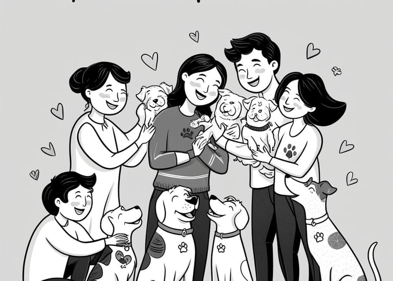 A family happily holding their pets and enjoying time together