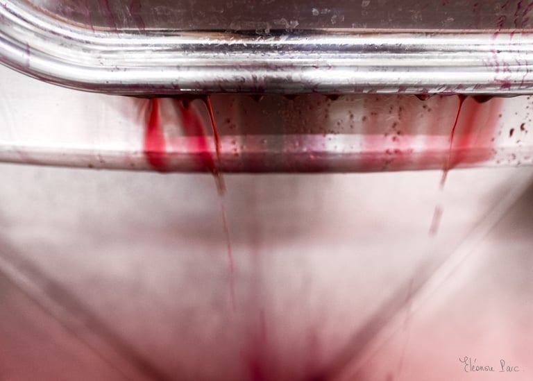 photographie vinification coulures rouges flux sur inox Éléonore Parc photographe d’art Bourgogne