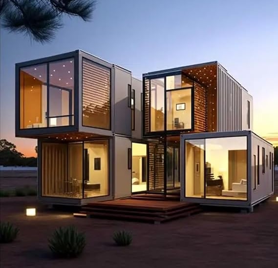 two story container House at night with lights on
