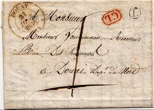1838: Lettre mise à la boîte du village de RECOURT dans le Pas de Calais (boîte rurale L) pour DOUAI