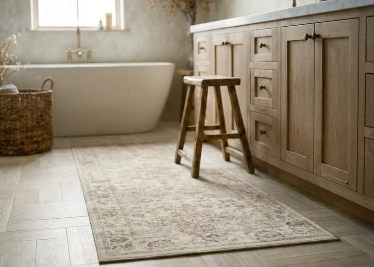 Vintage patterned runner rug on a light wood floor in a modern neutral bathroom with a freestanding tub.