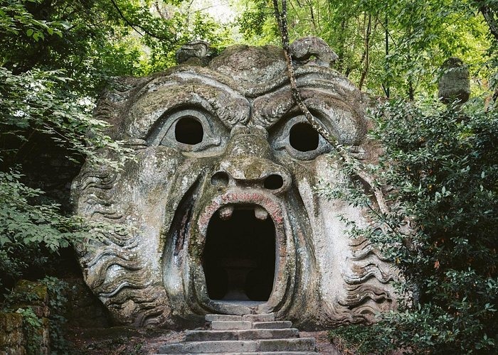 The Orcus mouth stone sculpture in the Park of the Monsters, Bomarzo, Italy.