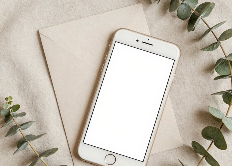 Flat lay of a blank smartphone mockup on a paper envelope with eucalyptus leaves on a beige fabric background.