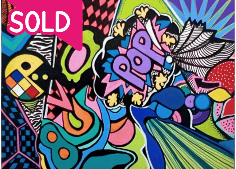 Recently sold, Pop Goes There My World, is a colorful painting by Frankie Cervantes. 
