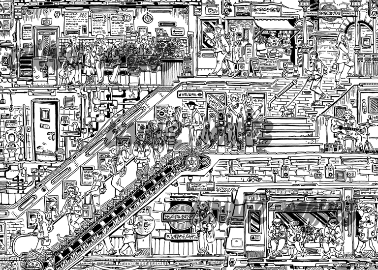 Fun black and white Illustration, fineliner ink drawing, detailed artwork, urban art print