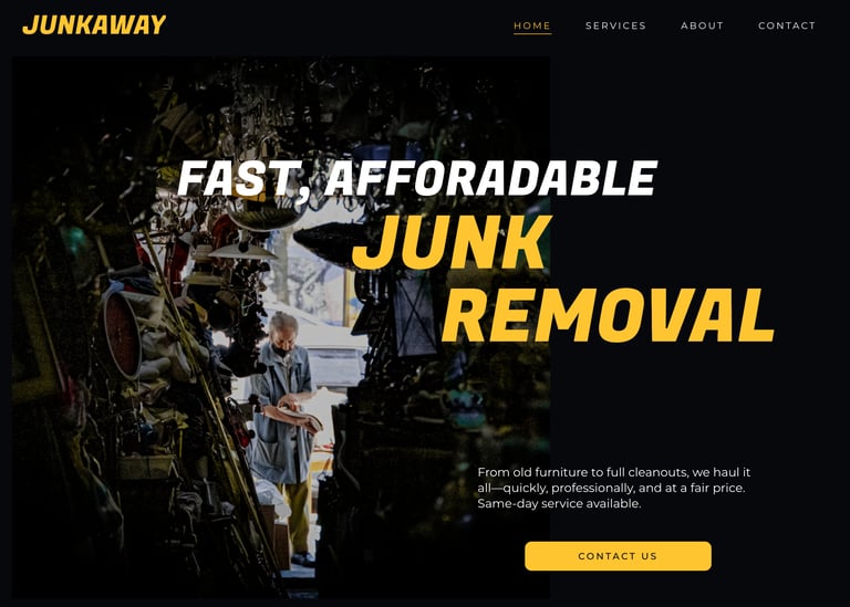 snapshot of a website homepage for a junk removal company with bold yellow and white lettering