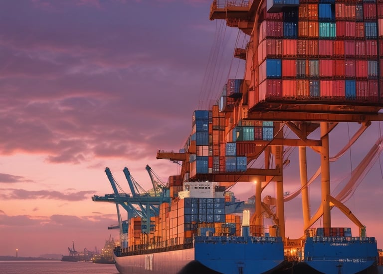 A busy port with containers being loaded onto a cargo ship under a clear sky