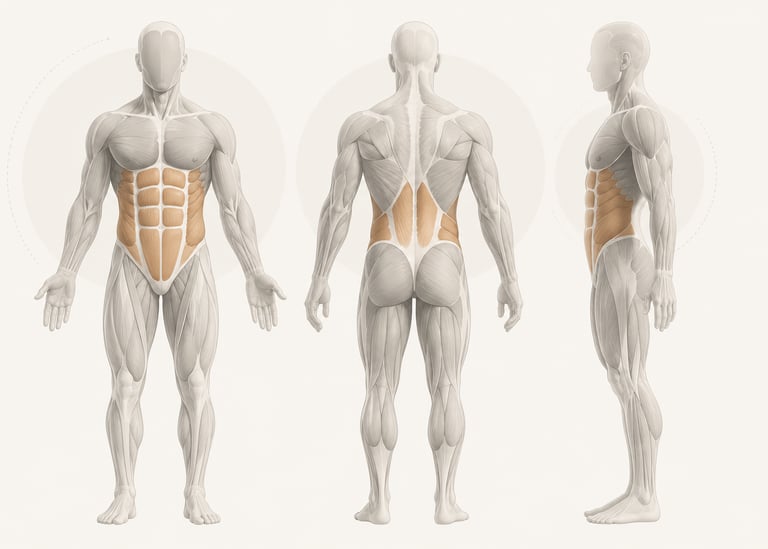Diagramme anatomique minimaliste du corps humain ciblant les muscles lors d'un gainage.