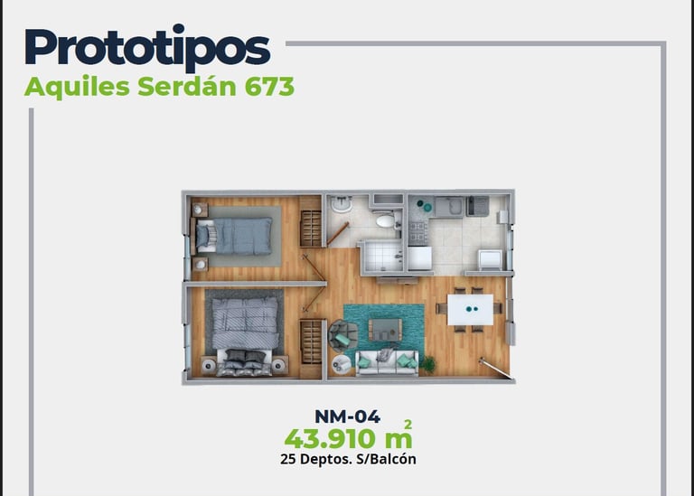 ASER Caracteristicas Departamento. Plano con 2 recamaras, sala comedor, baño y cocina. 43 mts2