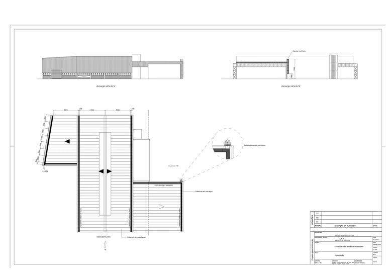Cobertura metálica: planta, elevações e detalhe de encaixe; identificação de cotas e peças.