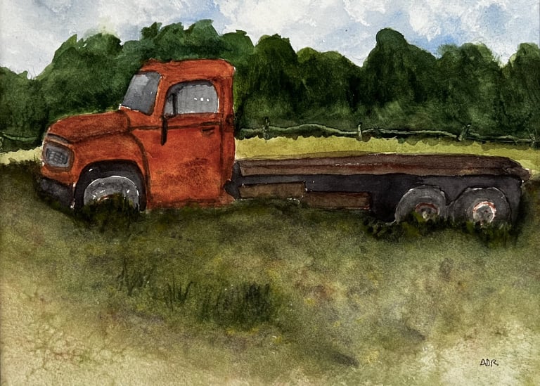 a painting of a truck with a flat bed in a pasture
