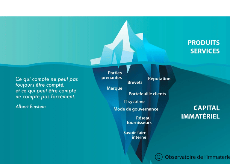 Image avec un iceberg. La partie immergée représente la part du capital immatériel.