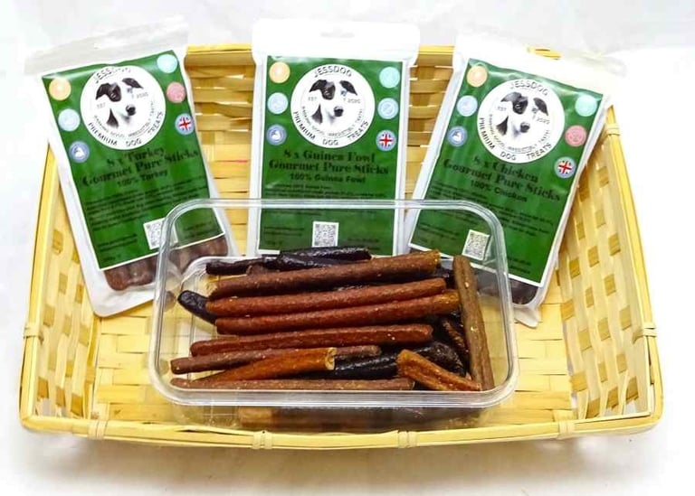 Jessdog Gourmet Pure Sticks Natural dog Treats in a basket