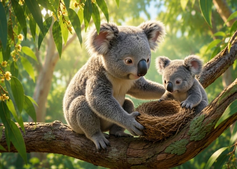 A mother koala and baby joey sit on a eucalyptus branch near a bird nest in a sunny forest.