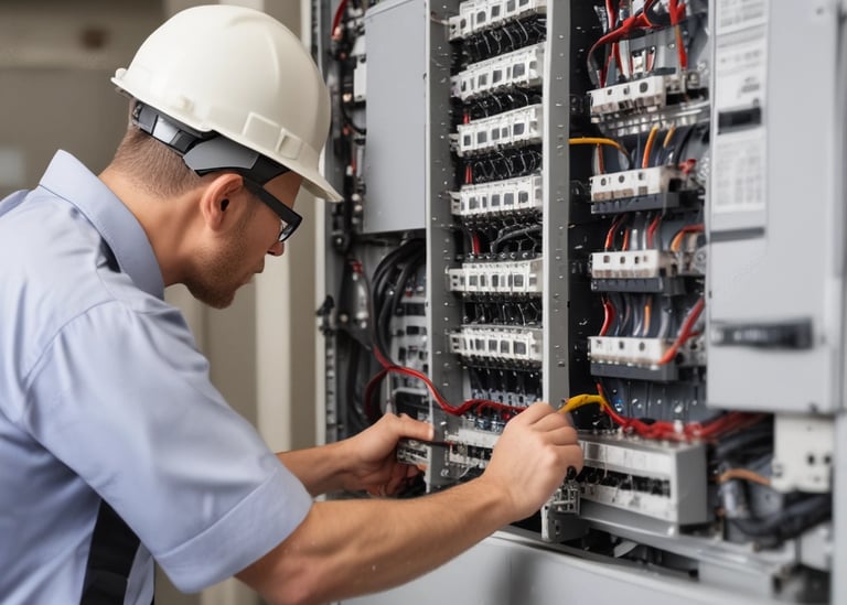 Electrician installing wiring in a modern residential building with black and gold accents.