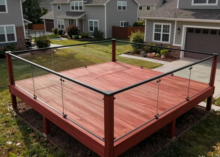 A professional high-angle photograph of a newly finished redwood deck with modern glass railings in a North American suburban backyard, clear morning light, showcasing craftsmanship and strength.