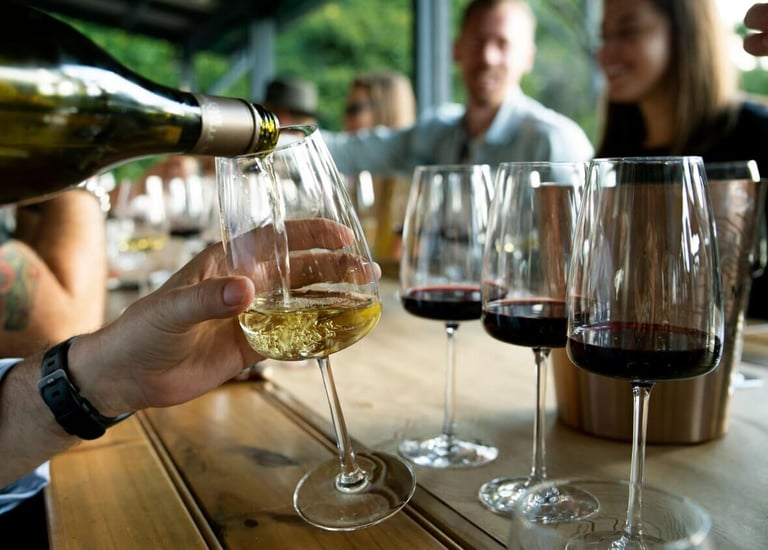 Conjunto de pessoas a divertir-se numa prova de vinhos em casa.