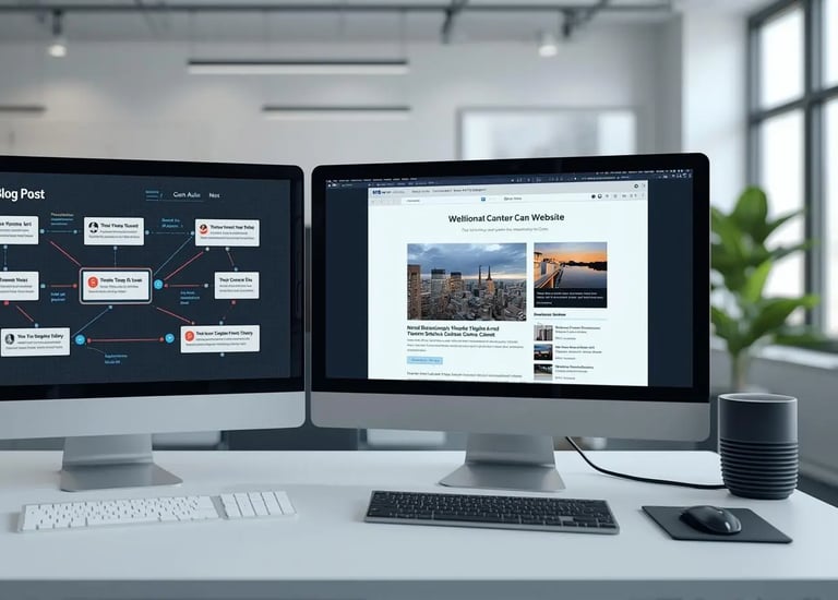 Two Mac screens showing an automation and a complete blog post