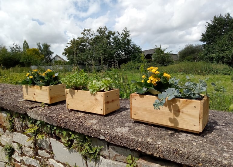 3 petites jardinières en bois fleuries