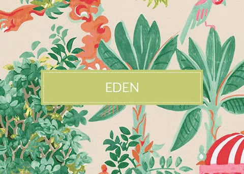 Thibaut Eden wallpaper featuring a vibrant tropical garden with exotic trees and pink pagodas.