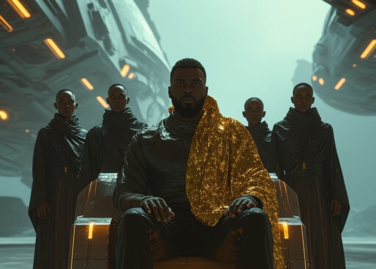 Afrofuturism image of a Black King surrounded by black women