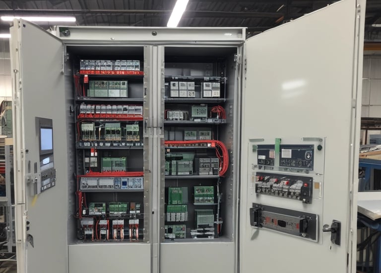 a large industrial steel cabinet with a large amount of electrical equipment