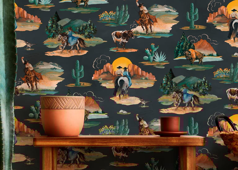Rustic wooden shelf against western wallpaper featuring cowboys, horses, and desert cactus scenery.