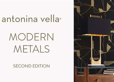 Modern metallic wallpaper rolls and black gold geometric patterns by Antonina Vella.
