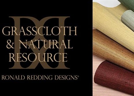 Ronald Redding Designs luxury textured grasscloth wallpaper swatches and interior room setting.