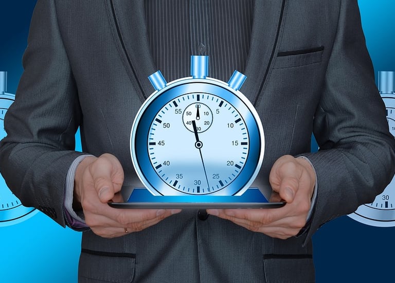 a man in a suit and tie holding a clock