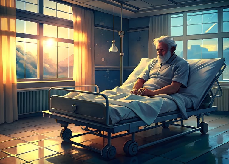 Homem em uma cama de hospital, simbolizando reabilitação e recuperação.