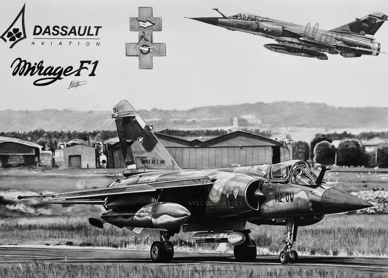 Dessin réaliste en noir et blanc d'un Mirage F1