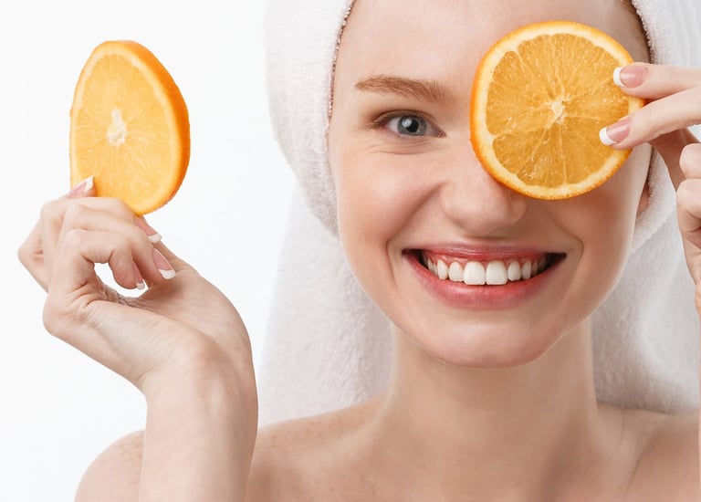 Vrouw met handdoek op haar hoofd en een appelsien voor haar ogen