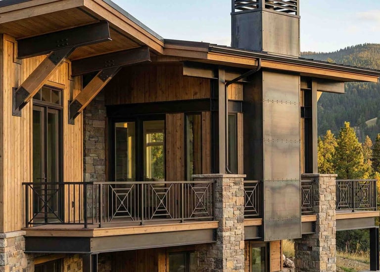 Custom outdoor metal fireplace wrap and railing