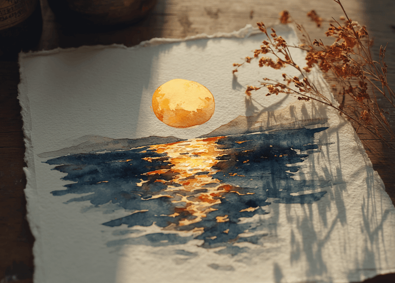 Watercolor of a golden moon reflecting on a calm lake