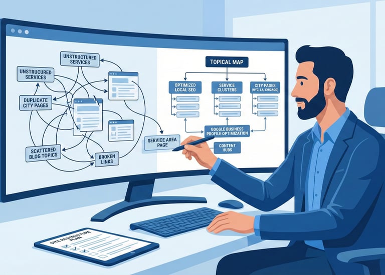 Local SEO expert mapping a business’s unstructured pages and converting them into a clear topical ma