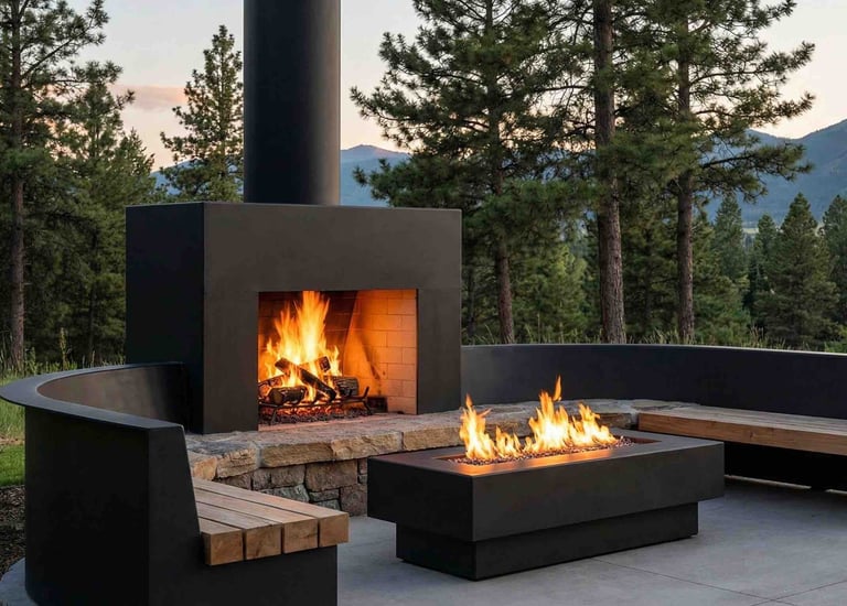 Custom metal outdoor fireplace and seating area