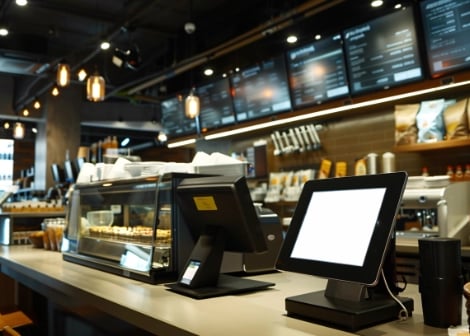 Modern coffee shop counter with touch screen registers, menu boards, and coffee equipment