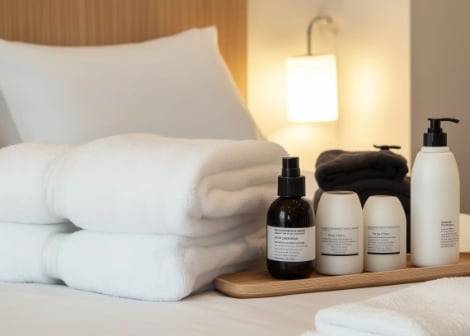 Neatly folded white towels and assorted toiletry bottles arranged on a tray on a hotel bed